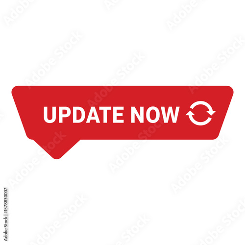 A bold red update now button with a refresh icon, isolated on white background, prompts users to upgrade to the latest software version