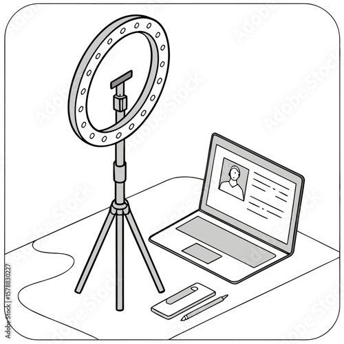 Modern digital content creation setup featuring a ring light on a tripod a laptop displaying a profile and a smartphone with a stylus on a desk surface