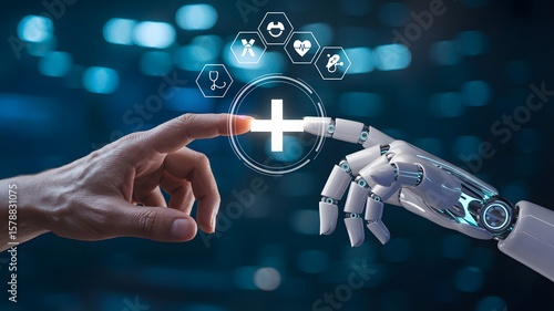 Human and robotic hands reaching toward glowing medical cross, symbolizing AI-powered healthcare, innovation, and digital medical collaboration