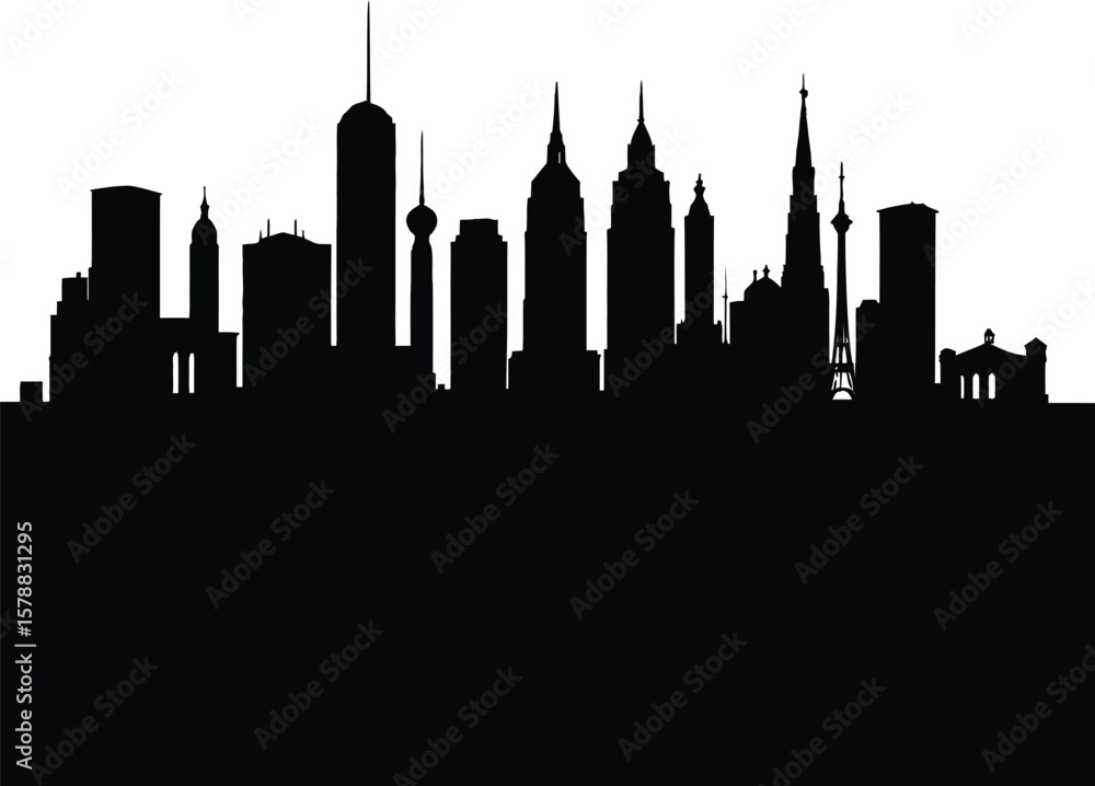 Naklejka premium Minimalist City Skyline Silhouette Featuring Layered Architectural Forms, Spire-Tipped Towers, and Rectangular High-Rises — Celebrating Urban Identity, Structural Elegance, and Metropolis Mood in Bold