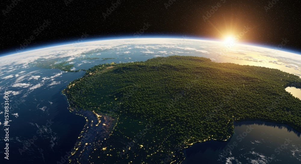 Fototapeta premium Earth's Embrace: A breathtaking view of planet Earth from space, with the sun rising, showing the curvature, continents, atmosphere, and vastness of the cosmos.