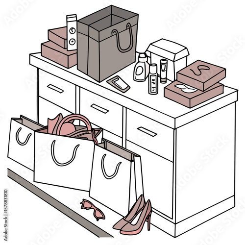 A collection of shopping bags filled with clothing and accessories alongside makeup and boxes displayed on a dresser suggesting a recent shopping spree