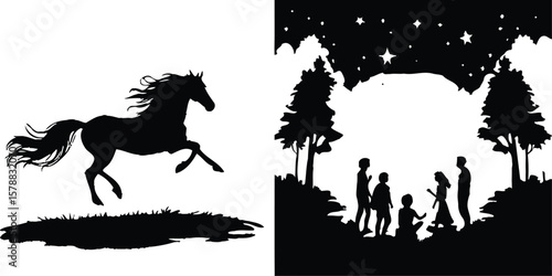 Minimalist Dual Scene Silhouette Featuring Galloping Horse in Motion with Flowing Mane and Shadow, Paired with Forest Campfire Gathering Under Starry Sky—Celebrating Freedom, Family, and Nature’s 
