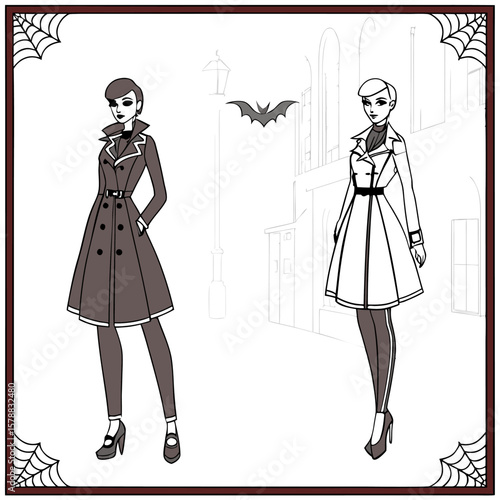 Two stylish women in trench coats stand on a city street at night with a bat flying overhead and spiderwebs in the corners