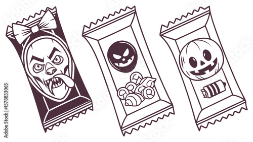 Three halloween candy wrappers featuring a vampire monster a grinning jack o lantern face and a spooky pumpkin with candy inside isolated on white background