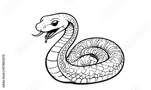 "Coiled Snake Line Art Drawing: Detailed Scaled Reptile Illustration"