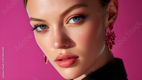 Closeup Portrait of a Young Woman with Vibrant Makeup and Stylish Jewelry Against Pink Background