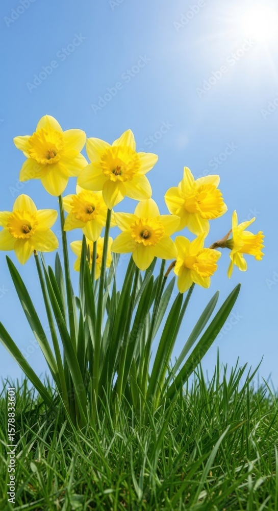 Fototapeta premium Yellow daffodils blooming in green grass under a bright blue sky