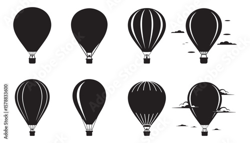 Hot Air Balloon Icons Set Black Silhouette Travel Vector Collection