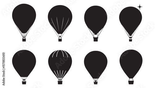 Hot Air Balloon Icons Set Black Silhouette Travel Vector Collection
