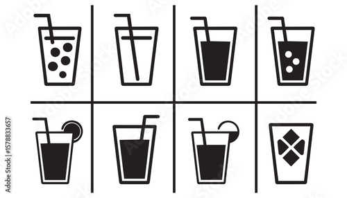 Drink Glass Icons Set Black Beverage Vector Illustrations with Straws and Garnish