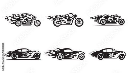 Flaming Car and Motorcycle Icons Hot Rod and Chopper Vector Silhouette Set
