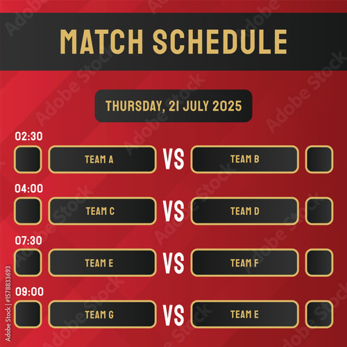 match schedule template for social media with a red and black color theme and gold lines. for post templates on Instagram, Facebook and others.