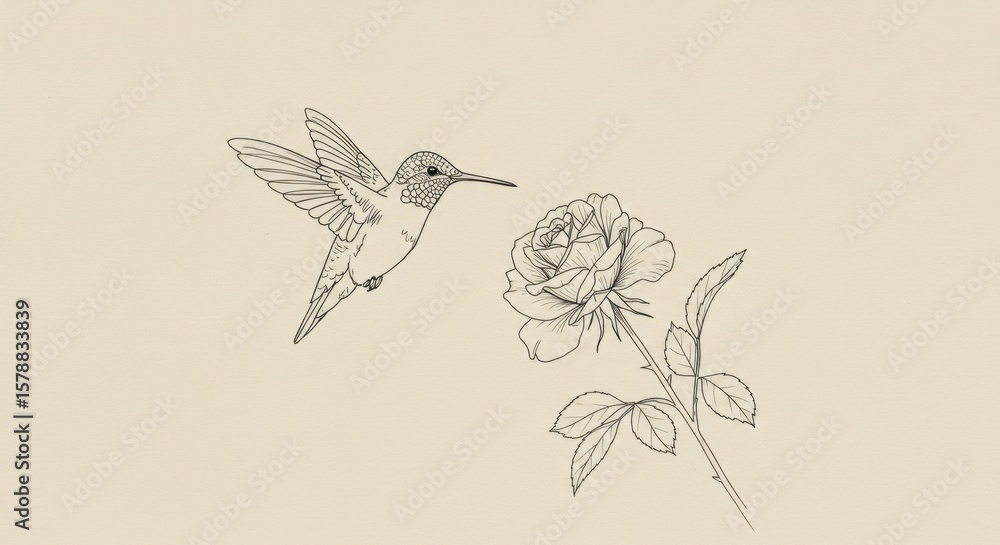 Fototapeta premium Hummingbird Hovering Over Rose Line Drawing