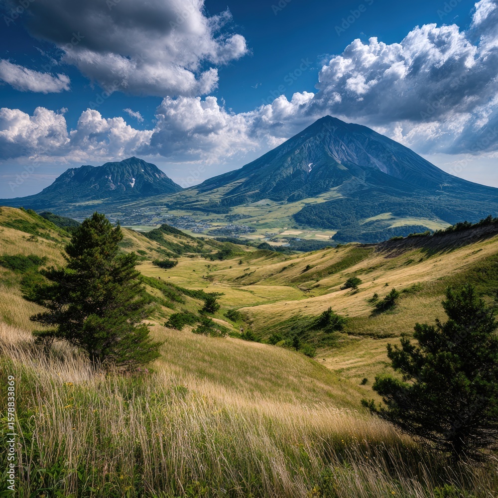 Fototapeta premium Volcanic landscape; hills, clouds, sky