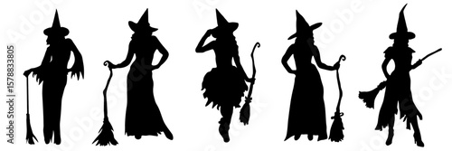 Happy Halloween silhouette element vector set. Collection of witches with brooms. Halloween decorations isolated holiday icon for festival, stickers, cards, decorative.