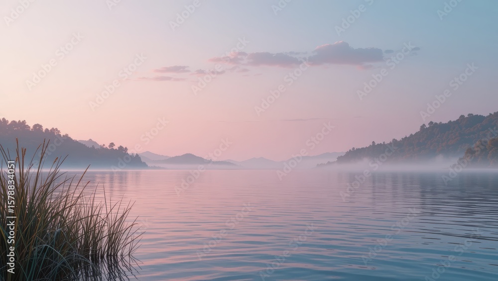 Fototapeta premium Serene Sunset Over a Tranquil Lake with Mist and Lush Surrounding Hills