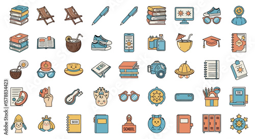 Colorful collection of diverse icons depicting leisure, education, and everyday objects.