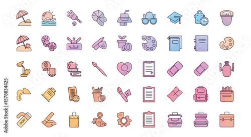Collection of colorful, outlined icons representing various activities and subjects.