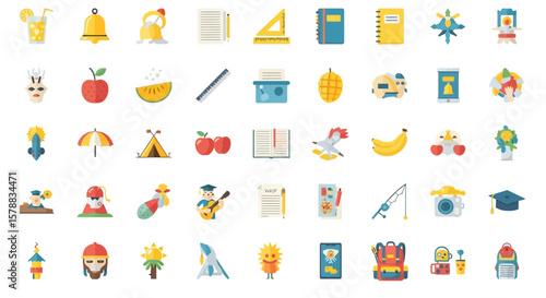 A collection of flat design vector icons featuring various objects like food, school supplies, travel items, and other miscellaneous elements, arranged on a white background.