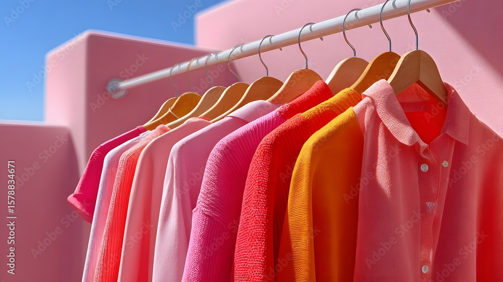 Fototapeta premium Colorful Range of Vibrant Shirts Hanging on a Rack Under a Clear Blue Sky
