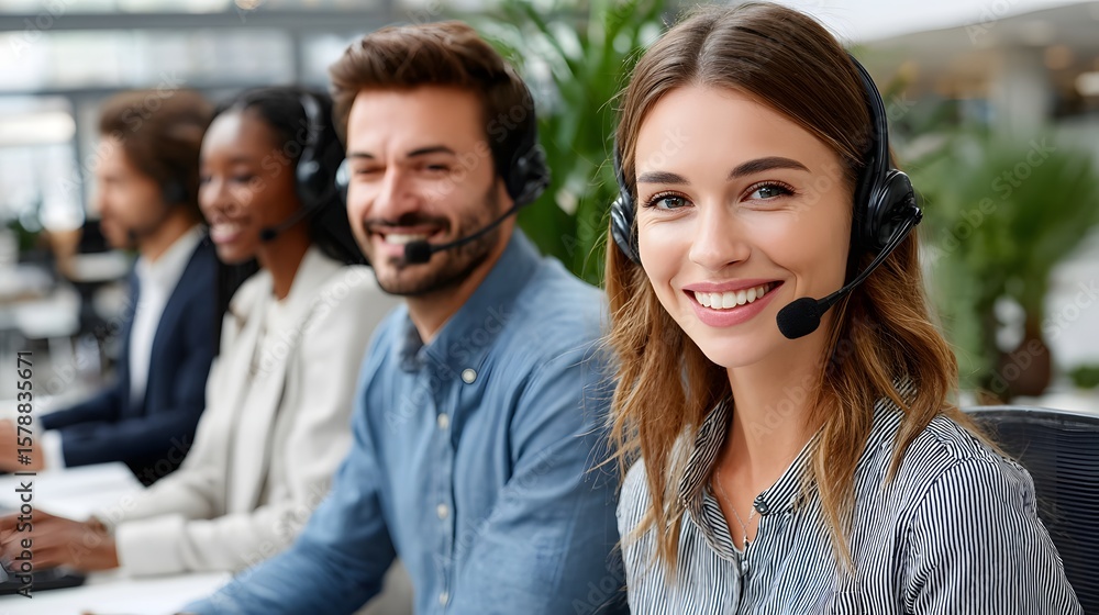 Diverse Team of Customer Service Professionals Wearing Headsets in Modern Office Environment Diverse Team of Customer Service Professionals Wearing Headsets in Modern Office Environment