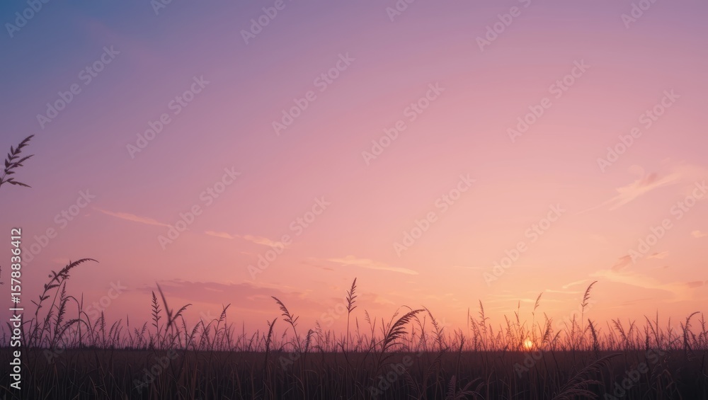 Serene Sunset Over A Grassy Field Under A Colorful Sky Displaying Shades Of Pink And Purple Serene Sunset Over A Grassy Field Under A Colorful Sky Displaying Shades Of Pink And Purple