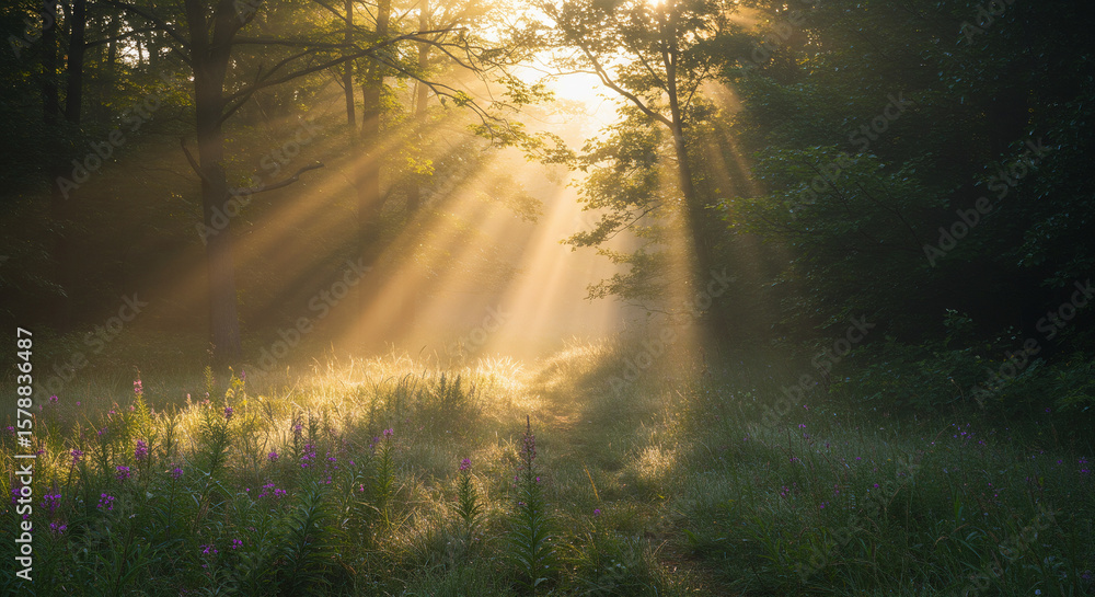 Obraz premium Golden Sunbeams Illuminating Misty Forest Woods Morning Light Rays