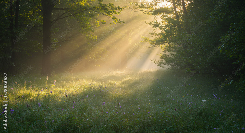 Obraz premium Golden sun rays piercing through mystical forest trees in a tranquil meadow
