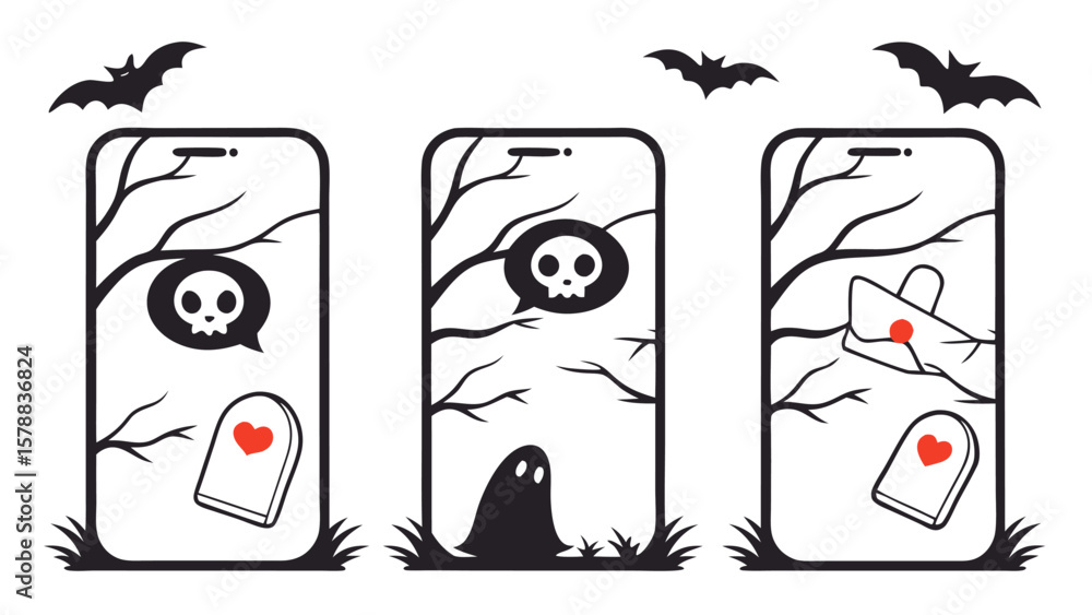 Fototapeta premium Three stylized smartphone screens depicting halloween scenes with spooky trees bats a skull in a speech bubble a tombstone with a heart and a ghost