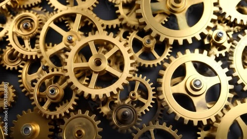 Golden gears interlock, forming a complex, intricate system against a dark background