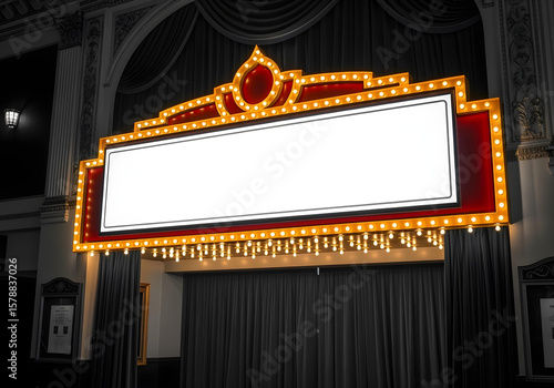 Classic marquee sign with lights, featuring a large blank space for custom messages, framed by a red and gold border, propped up in a vintage theater lobby with velvet curtains.