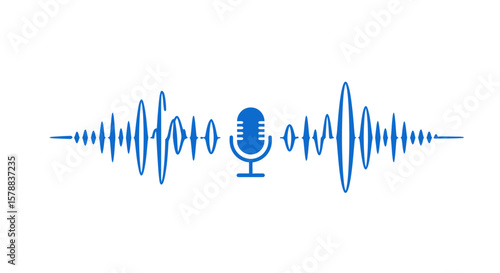 Blue Microphone Icon with Sound Waves Podcast Recording Symbol Audio Spectrum.