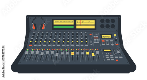 Detailed Illustration of a Gray Audio Mixing Console with Headphones.