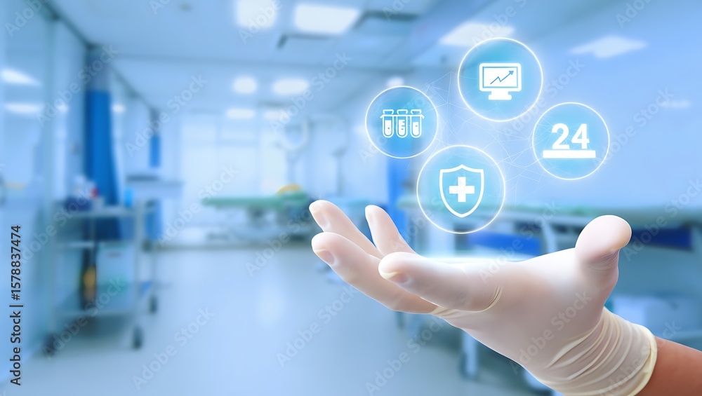 Obraz premium Hand in surgical glove holds transparent medical icons, Hospital room with cutting-edge medical technology and patient-focused services