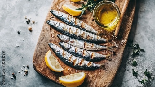 Grilled Sardines with Lemon and Olive Oil on Rustic Wooden Board for a Mediterranean Culinary Experience