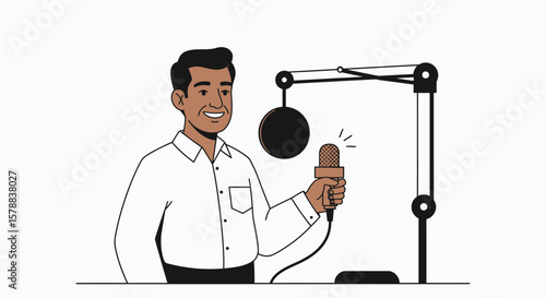 Smiling Man Holding Microphone with Pop Filter and Adjustable Stand.