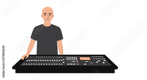Bald man operating a large black audio mixing console with multiple sliders and buttons.