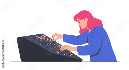 Woman Adjusting Sound Mixer with Pink Hair and Blue Shirt.