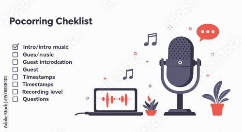Dark Gray Podcast Microphone with Red Speech Bubble and Musical Notes Illustration.
