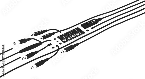 Black and White Audio Cables and Mixer Illustration.