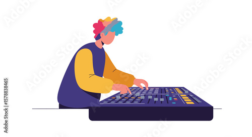 Cartoon DJ with Colorful Hair Using Audio Mixing Console for Music Production.