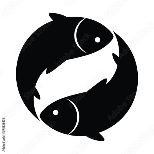 Two fish silhouettes isolated on white background form a circle, symbolizing the zodiac sign of pisces and its associated duality
