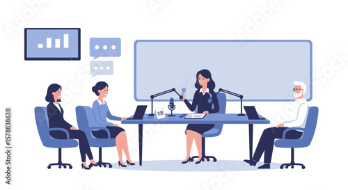 Podcast Recording Session with Four People at a Table with Microphones.