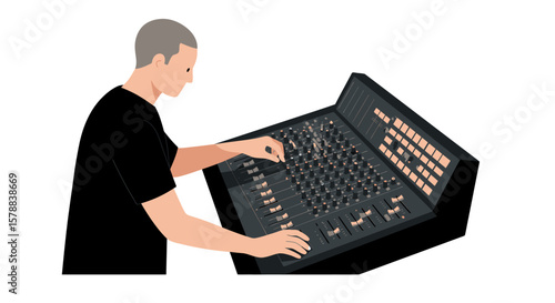 Man operating a complex audio mixing console with multiple controls and indicators.