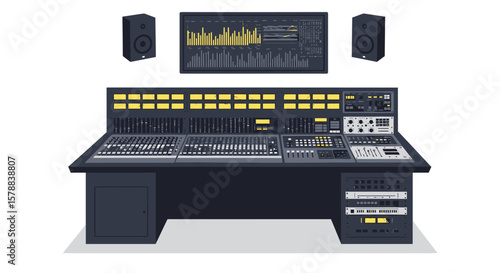 Professional Audio Mixing Console with Speakers and Monitor Displaying Waveforms.