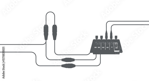 Gray Audio Mixer with Cables and Connectors Vector Illustration.