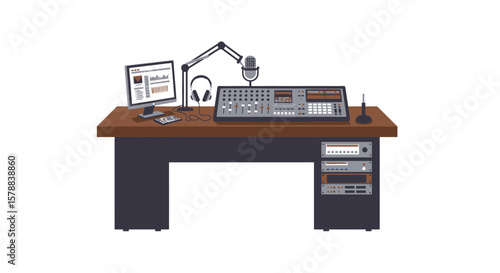 Cartoon Radio Station Desk with Microphone Computer Headphones and Mixing Console.
