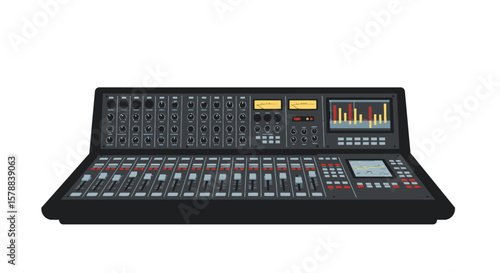 Professional Audio Mixing Console with Faders Knobs and Display Screens.
