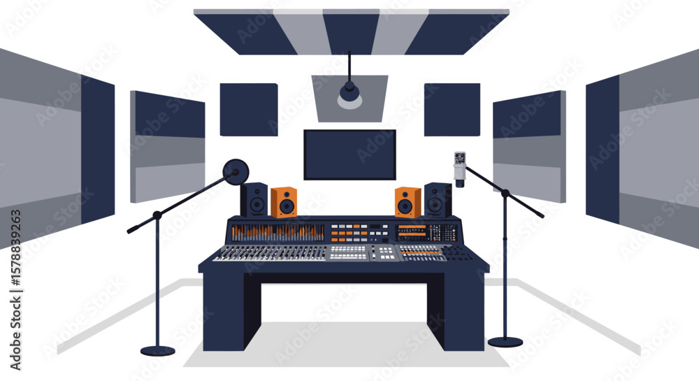 Fototapeta premium Professional Music Recording Studio with Mixing Console and Microphones Illustration.